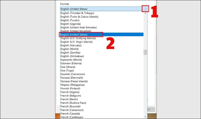 Lúc này, bạn ấn vào mũi tên để hiện ra danh sách như hình bên dưới và chọn English (United States)