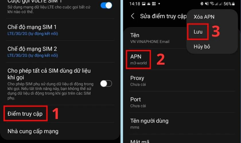 Chọn Điểm truy cập, sau đó chọn APN và Lưu để sửa lỗi điện thoại không được đăng ký vào mạng