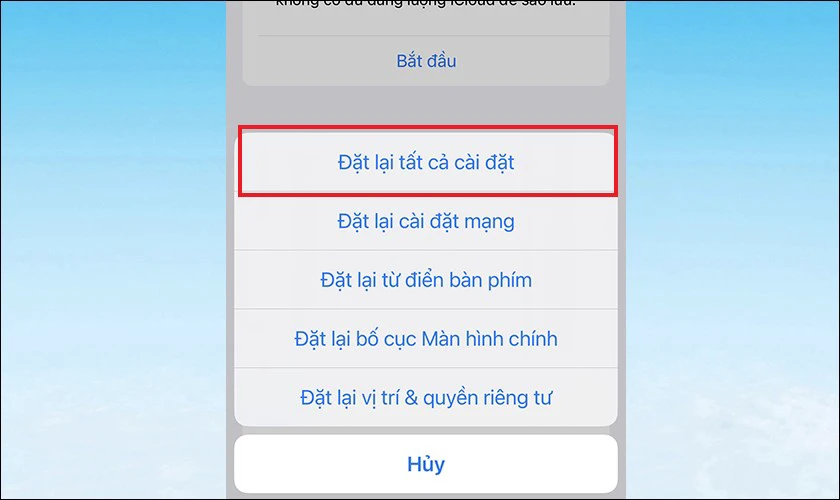 Sau đó bạn nhấn Đặt lại tất cả cài đặt