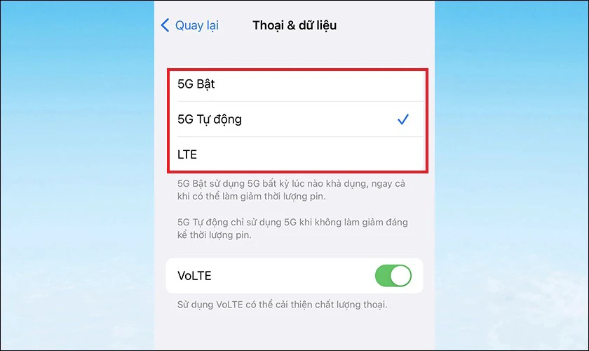 Có thể tùy chỉnh giữa 5G Bật, 5G Tự động hoặc LTE