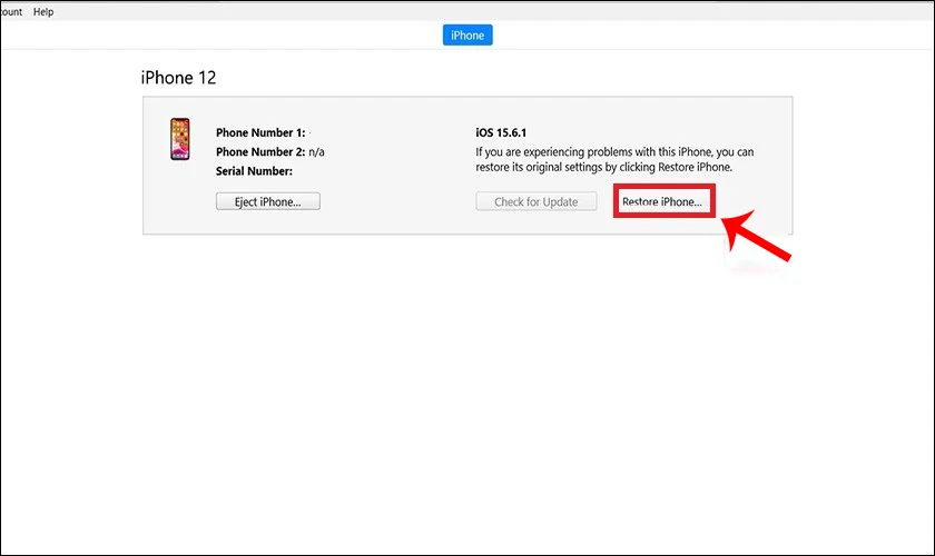 Nhấp vào nút Restore iPhone (Khôi phục iPhone)