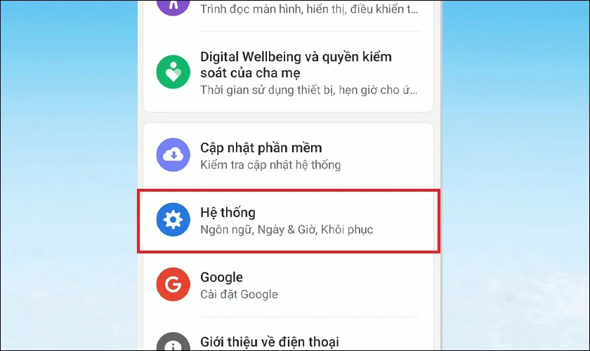 Mở vào cài đặt rồi nhấn chọn mục Hệ thống