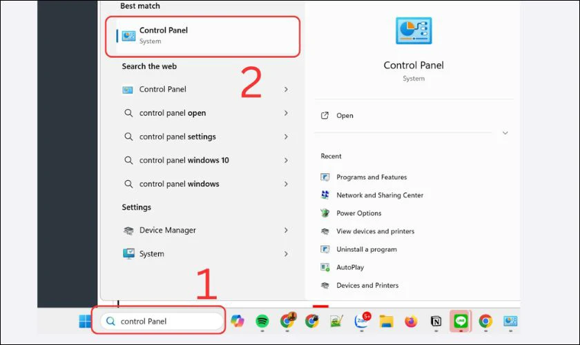 Tìm kiếm và chọn Control Panel để mở