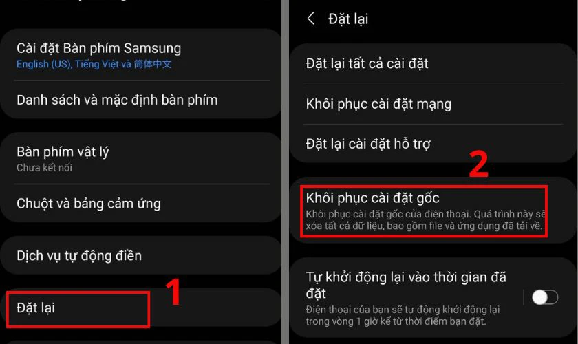 Chọn Đặt lại, sau đó chọn Khôi phục cài đặt gốc để sửa lỗi mất danh bạ trên Samsung