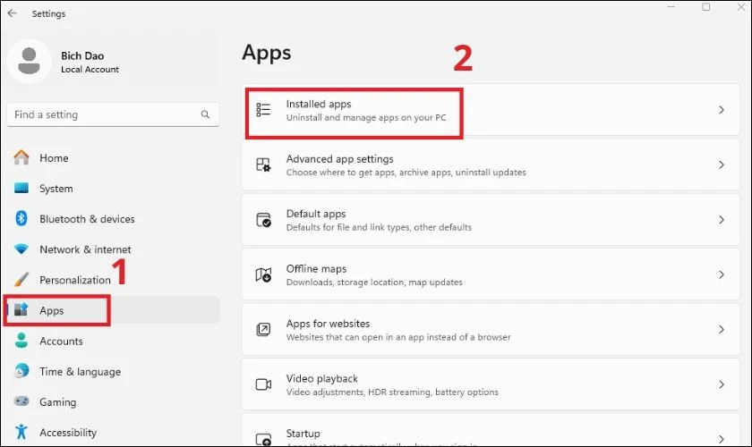 Tại tab Settings mới mở, bạn click chọn vào mục Apps