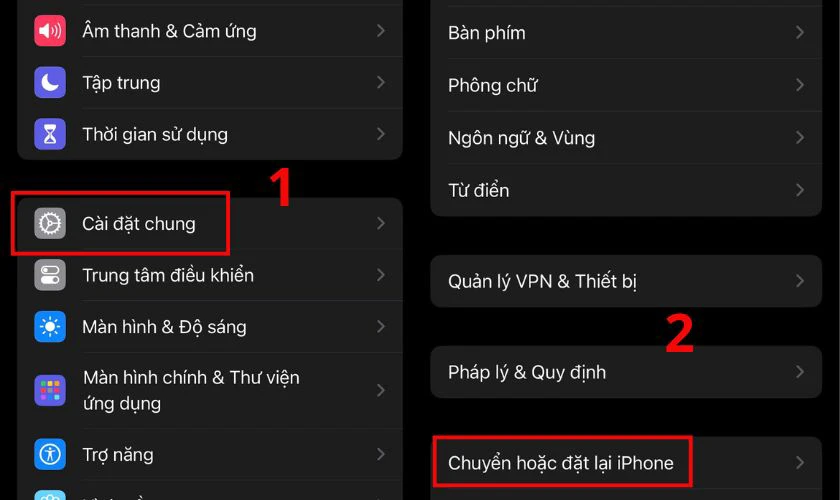 Chọn Chuyển hoặc đặt lại iPhone trong phần Cài đặt chung