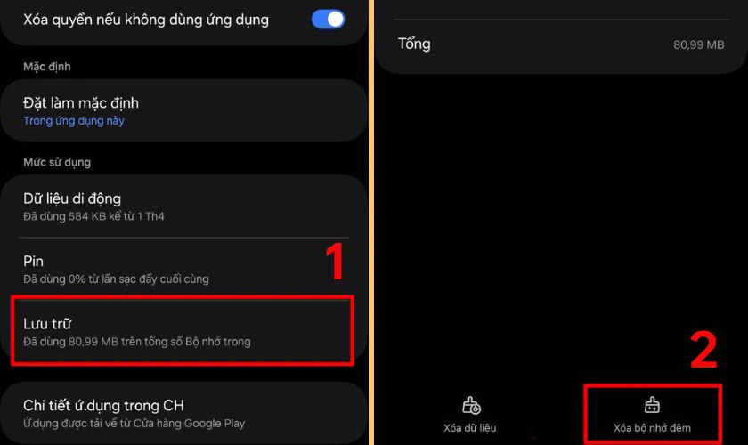 Chọn vào mục Lưu trữ, sau đó chọn vào mục Xóa bộ nhớ đệm
