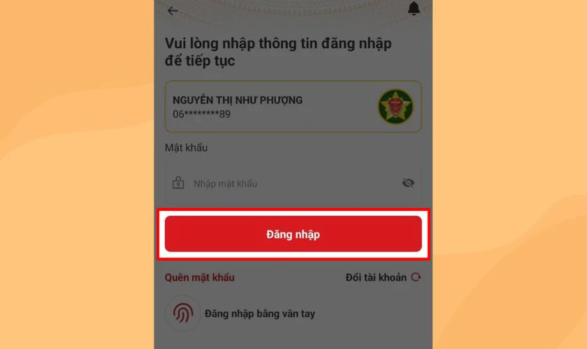 Nhập số định danh, mật khẩu và bấm Đăng nhập