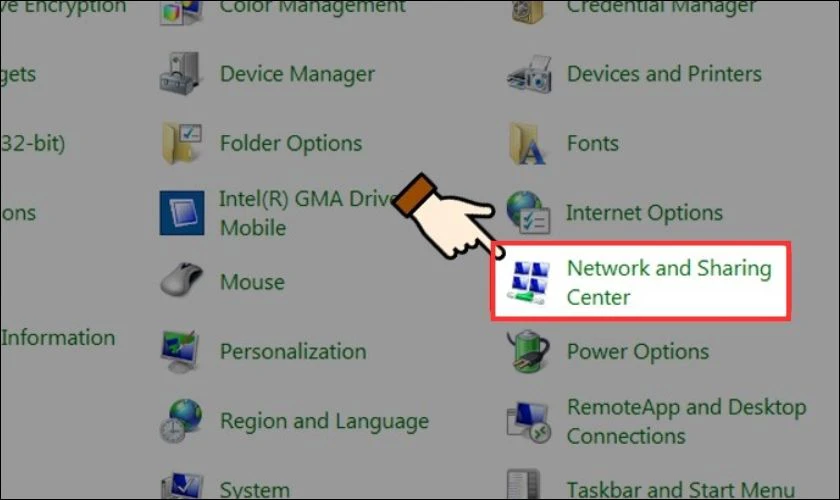 Chọn mục Network and Sharing Center