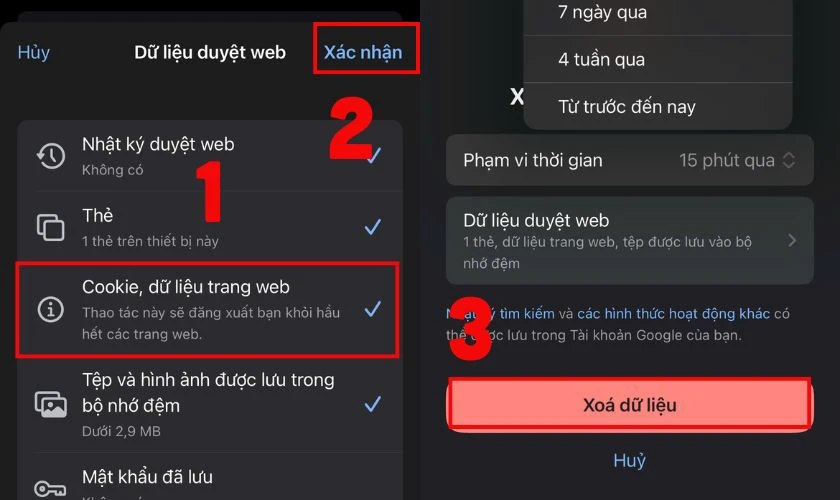 Tick chọn Cookie, dữ liệu trang web rồi nhấn Xác nhận, cuối cùng chọn Xóa dữ liệu
