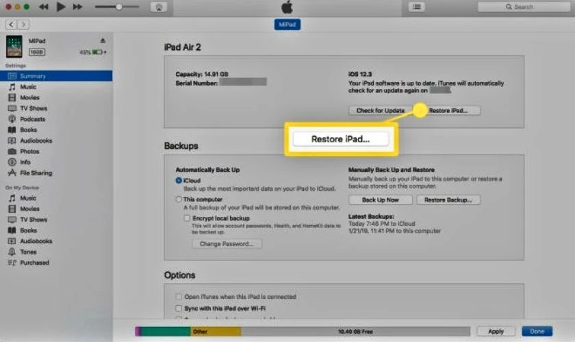 Restore bằng iTunes nếu bị lỗi màn hình iPad Air 2 lỗi nhòe màu