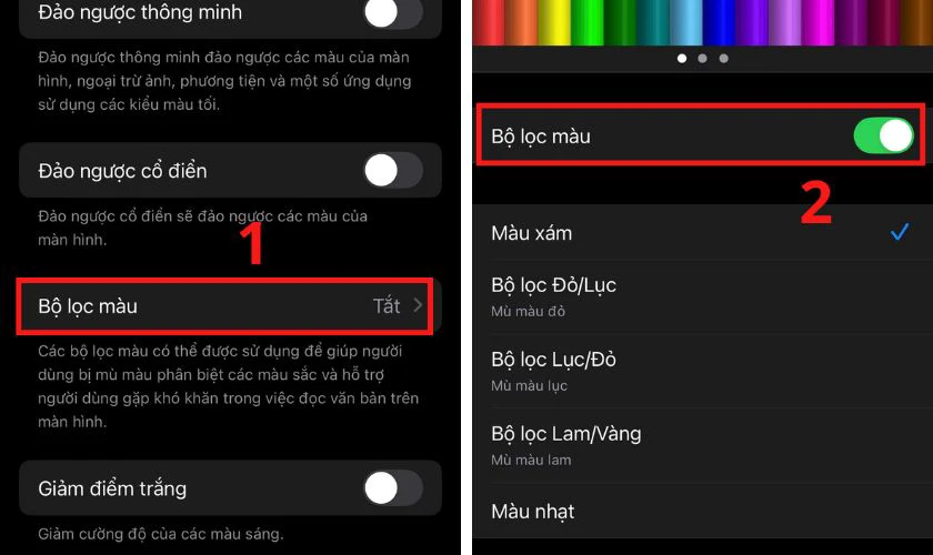 Chọn Bộ lọc màu rồi tắt chế độ này nếu đang bật