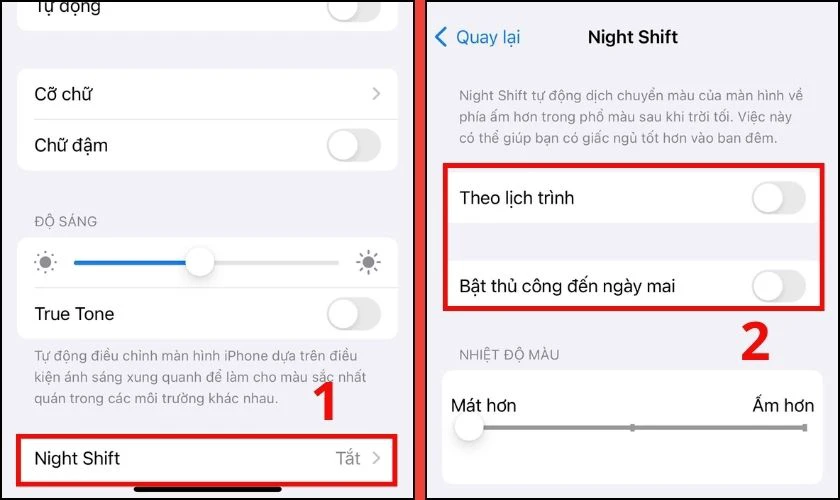 Kiểm tra và tắt Night Shift nếu đang bật