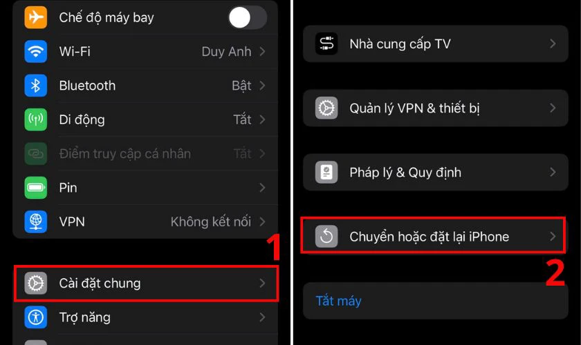 Vào Cài đặt chọn Cài đặt chung, nhấn Chuyển hoặc đặt lại iPhone