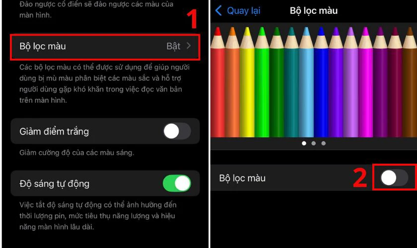 Kiểm tra bộ lọc màu trong Cài đặt Trợ năng