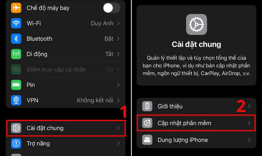Vào Cài đặt chọn Cài đặt chung và nhấn Cập nhật phần mềm