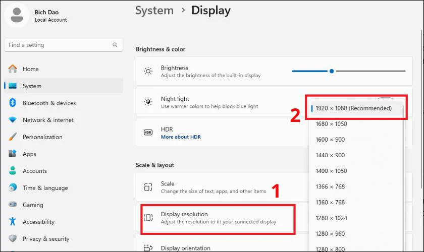 Thiết lập độ phân giải theo mức hỗ trợ của laptop