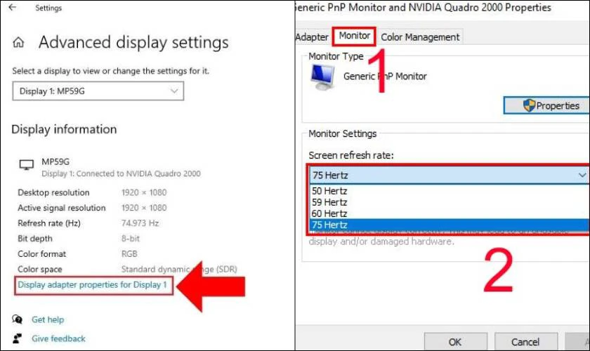 Tìm đến tùy chọn Display adapter properties for Display 1