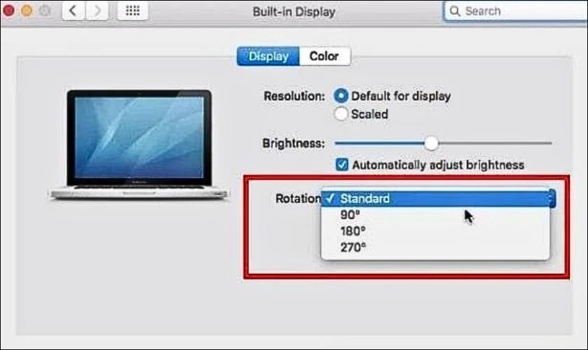 Tại Rotation chọn Standard để màn hình xoay ngang theo hướng mặc định