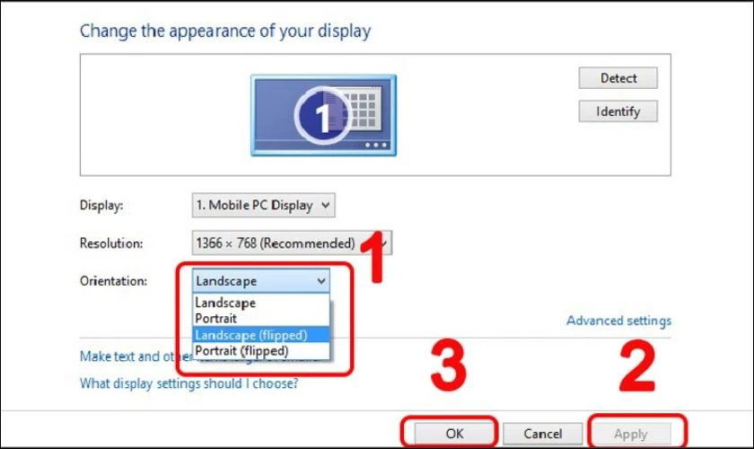 Lựa tùy chọn màn hình rồi nhấn Apply và OK để hoàn thành