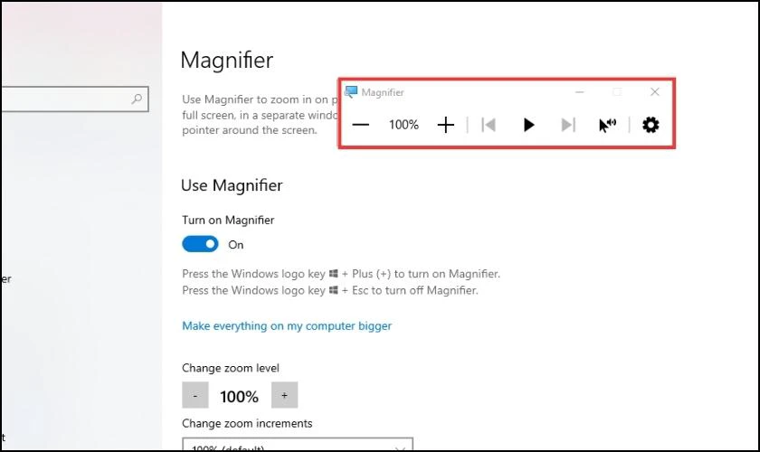 Dùng công cụ Magnifier để sửa màn hình máy tính bị phóng đại chiều ngang 