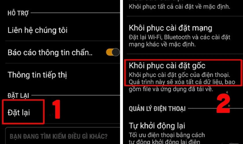 Nhấn vào mục Khôi phục cài đặt gốc