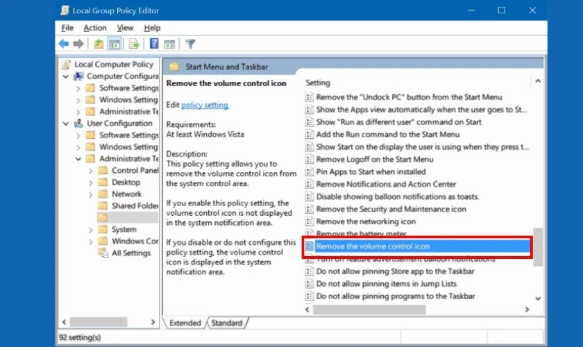 Tìm và nhấp chuột phải vào Remove the volume control icon