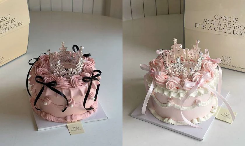 Bánh kem màu hồng phối ruy băng