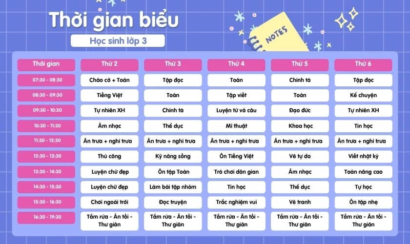 Thời gian biểu cho học sinh lớp 3