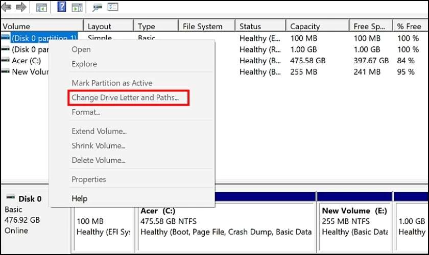 Nhấn chuột phải vào ổ cứng thứ 2, nhấn chọn dòng Change Drive Letter and Paths