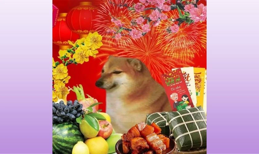 Meme Tết hình con chó dễ thương, đáng yêu