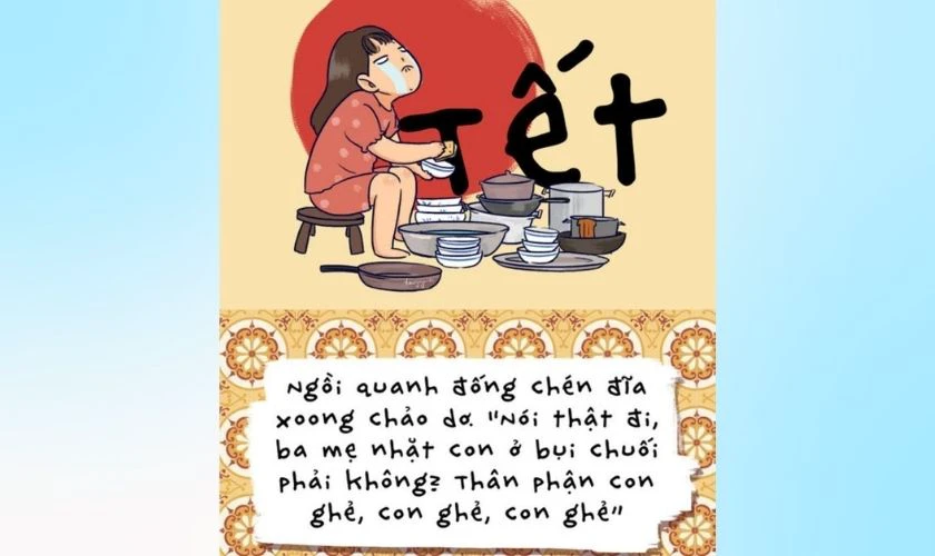 Ảnh Tết Meme dọn chén bát ngày Tết cực vui