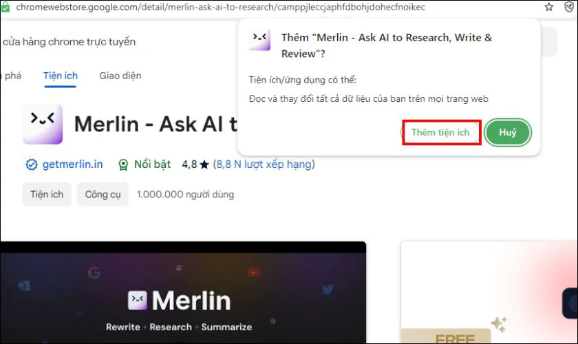Nhấp Thêm tiện ích để hoàn tất việc thêm Merlin vào trình duyệt của mình