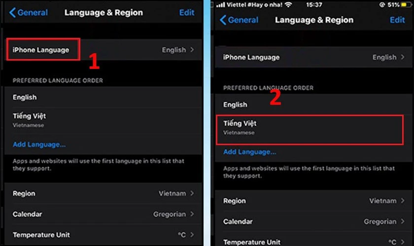 Tại iPhone Language, tìm và chọn Tiếng Việt