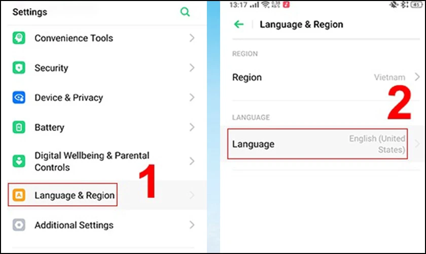 Tìm kiếm mục Language & Region, chọn Language