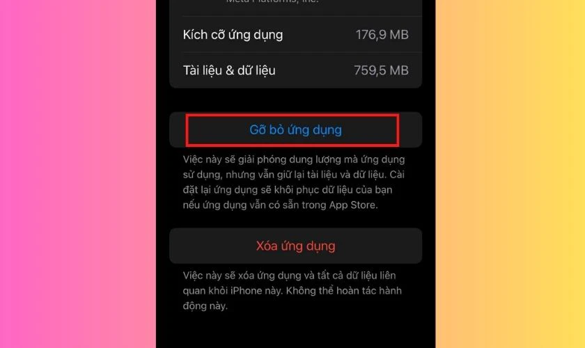 Nhấn Gỡ bỏ ứng dụng