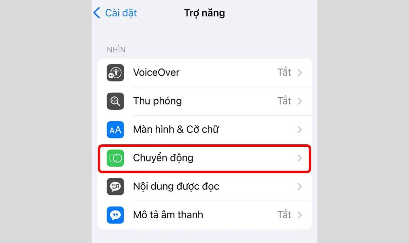 Tại Trợ năng, bạn nhấn chọn vào chức năng Chuyển động