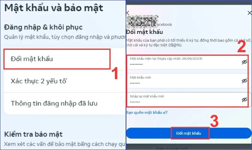 Nhấn vào Đổi mật khẩu và nhập mật khẩu hiện tại, mật khẩu mới