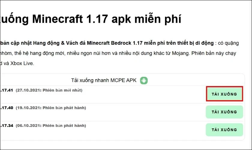 Chọn phiên bản muốn tải và nhấn vào nút Tải xuống
