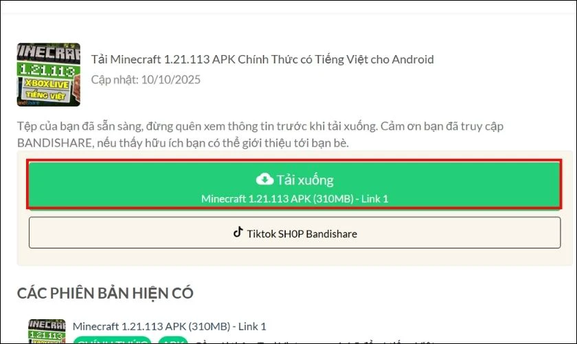 Nhấn nút Tải xuống màu xanh lá cây