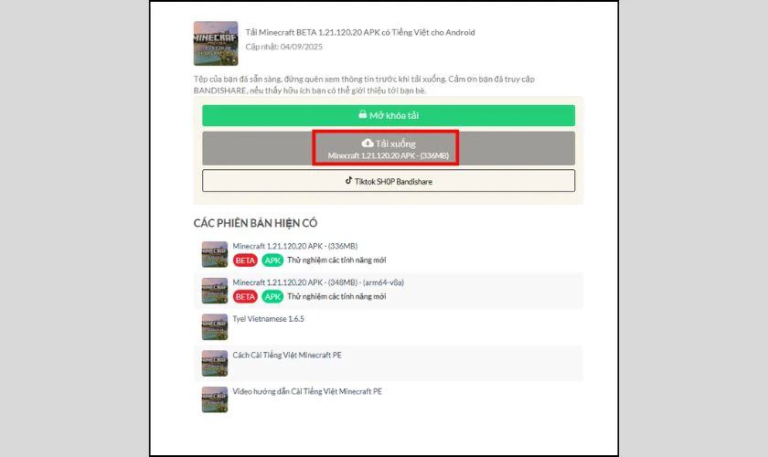 Cách tải Minecraft 1.21.120 APK tiếng Việt trên Android