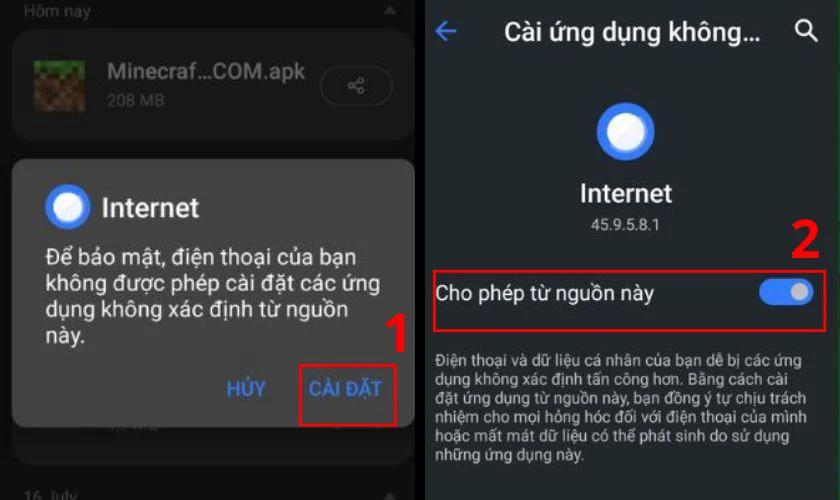 Mở Cài đặt, chọn Bảo mật, bật tùy chọn Cho phép cài ứng dụng từ nguồn không xác định