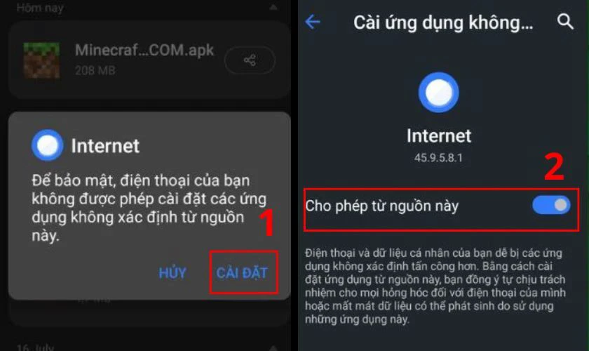 Vào Cài đặt, chọn Bảo mật, chọn tiếp Cài ứng dụng không rõ nguồn gốc