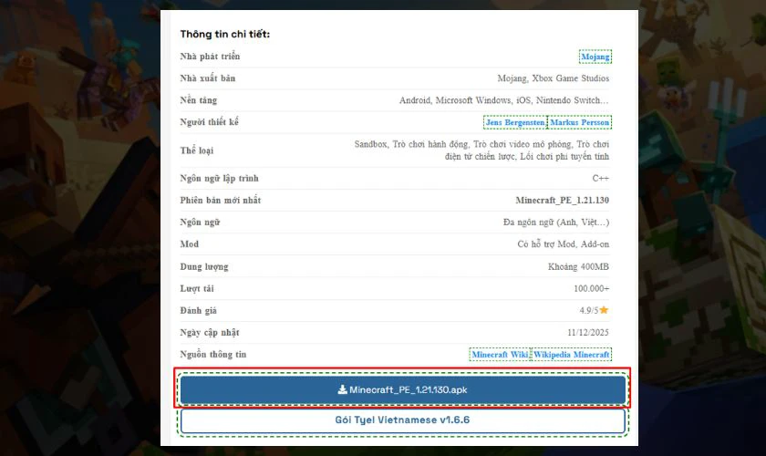 Tải về Minecraft 1.21.130 APK tiếng Việt miễn phí và nhấn nút Tải xuống (Download)
