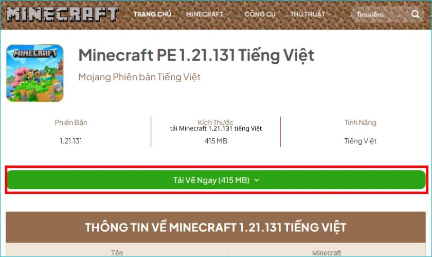 Cách tải Minecraft 1.21.131 tiếng Việt trên Android