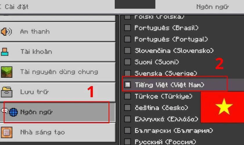 Vào Settings, chọn Language trong game, chọn ngôn ngữ Tiếng Việt