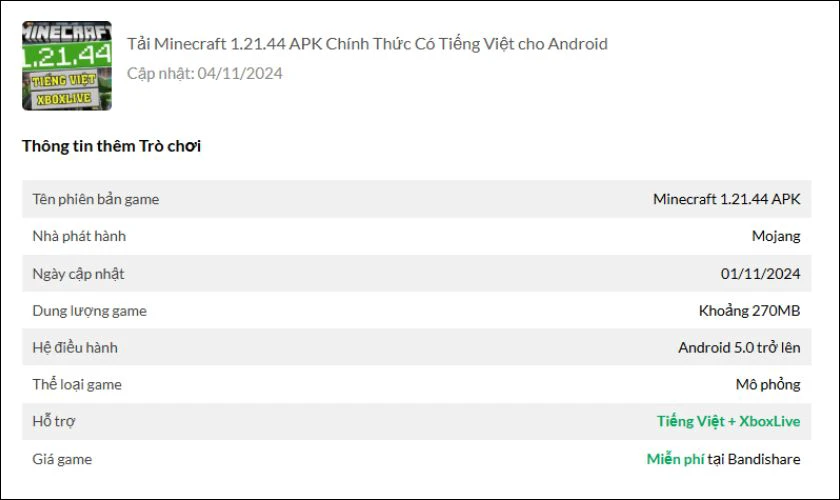 Cách tải Minecraft 1.21.44 APK tiếng Việt miễn phí Android