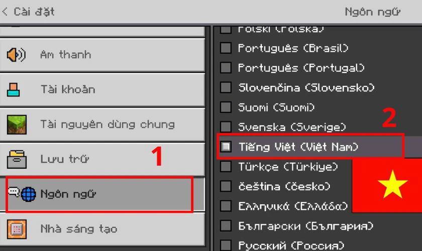 Chuyển ngôn ngữ sang Tiếng Việt trong mục Ngôn ngữ