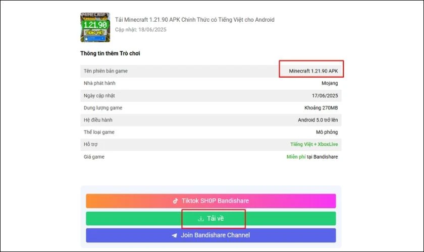Cách tải Minecraft 1.21.90 tiếng Việt trên Android