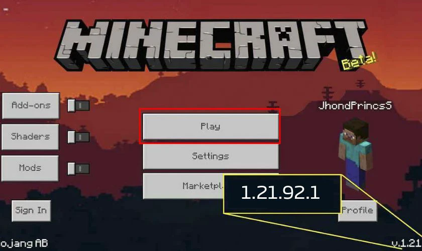 Sau khi cài xong, mở ứng dụng Minecraft Preview và kiểm tra phiên bản hiển thị là 1.21.92.1